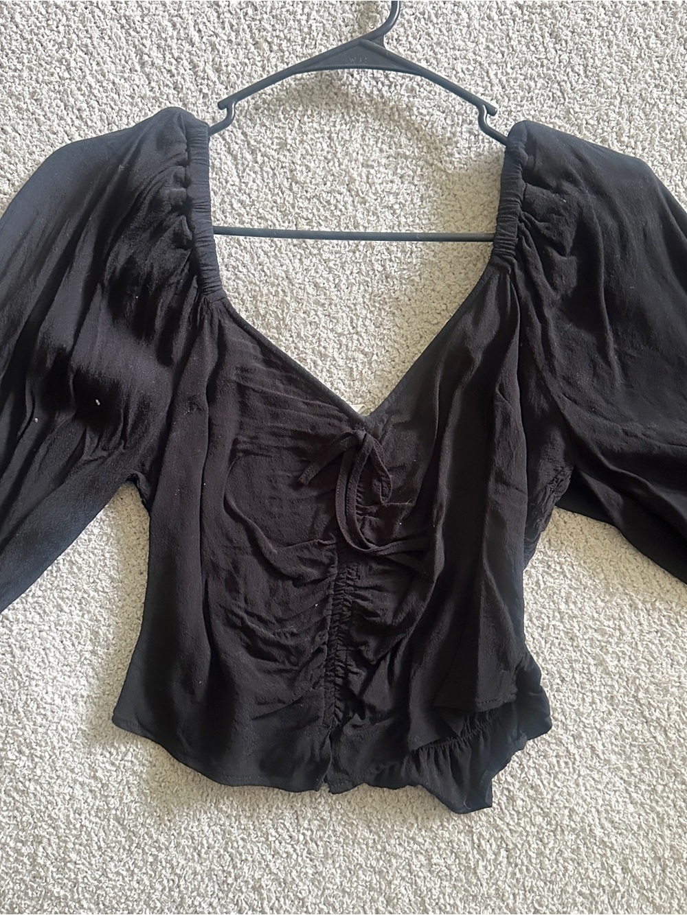 Open Edit Black Peasant Blouse with Tie Front